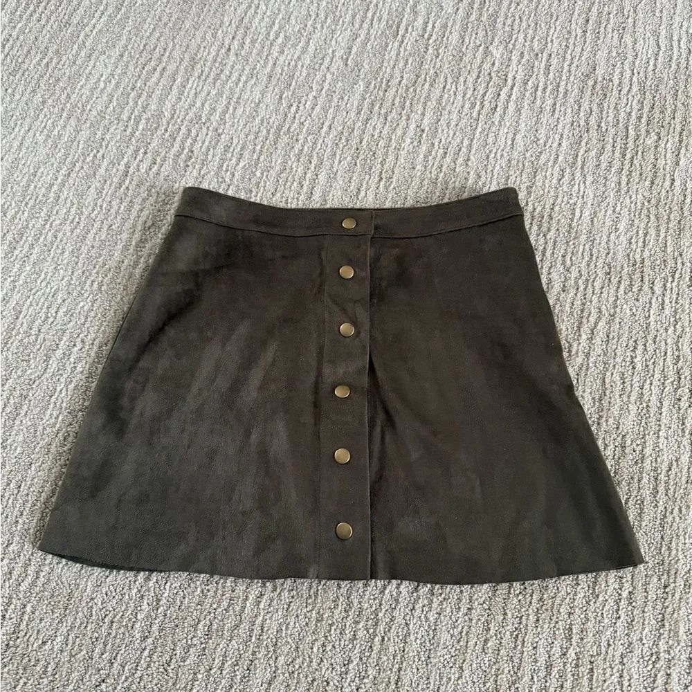 Olive Green Suede Flare Skirt with Gold Buttons